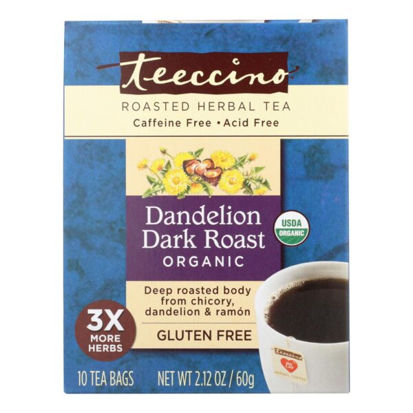 Teeccino Gluten-Free Dandelion Dark Roast Chicory Herbal Tea 10 tee-bags