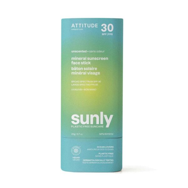 Attitude Sunly Plastic-Free Unscented Mineral Sunscreen Face Stick (SPF 30) 0.7 oz.