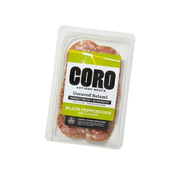 Coro Uncured Black Peppercorn Salami Sliced Pack 3 oz.