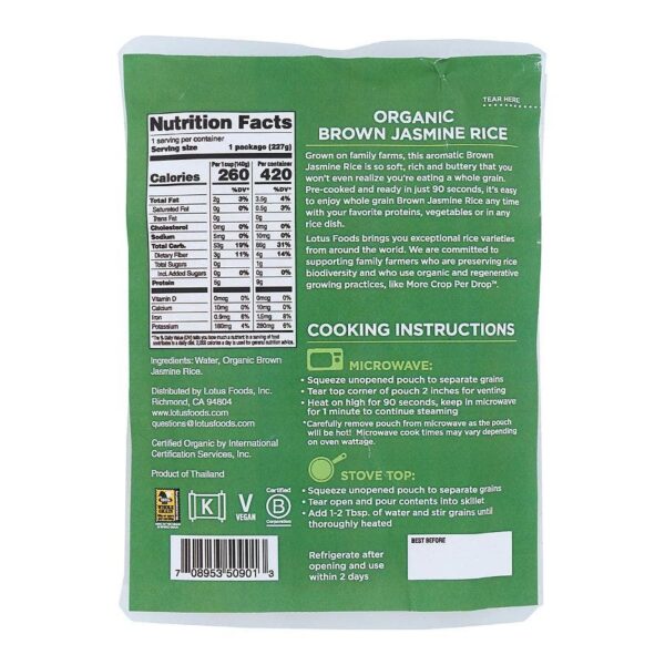 Lotus Foods Organic Brown Jasmine Heat & Eat Rice Pouch 8 oz. - Image 2