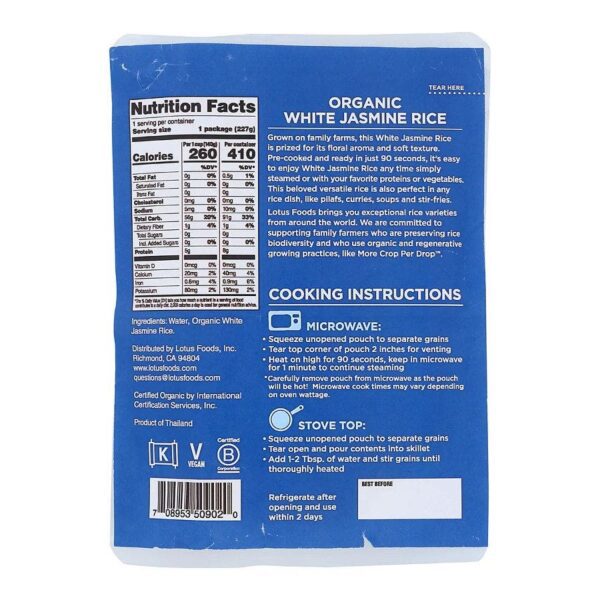 Lotus Foods Organic White Jasmine Heat & Eat Rice Pouch 8 oz. - Image 2