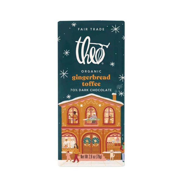 Theo Chocolate Organic Holiday Gingerbread Toffee Dark Chocolate Bar 2.8 oz.