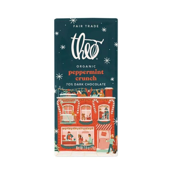 Theo Chocolate Organic Holiday Peppermint Crunch Dark Chocolate Bar 2.8 oz.